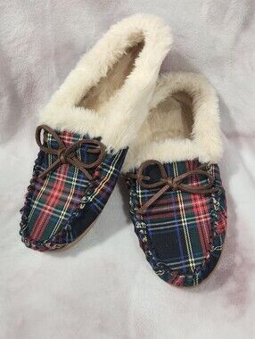 J. Crew Plaid Fur-Lined Moccasin Slippers - Red, Navy, Cream